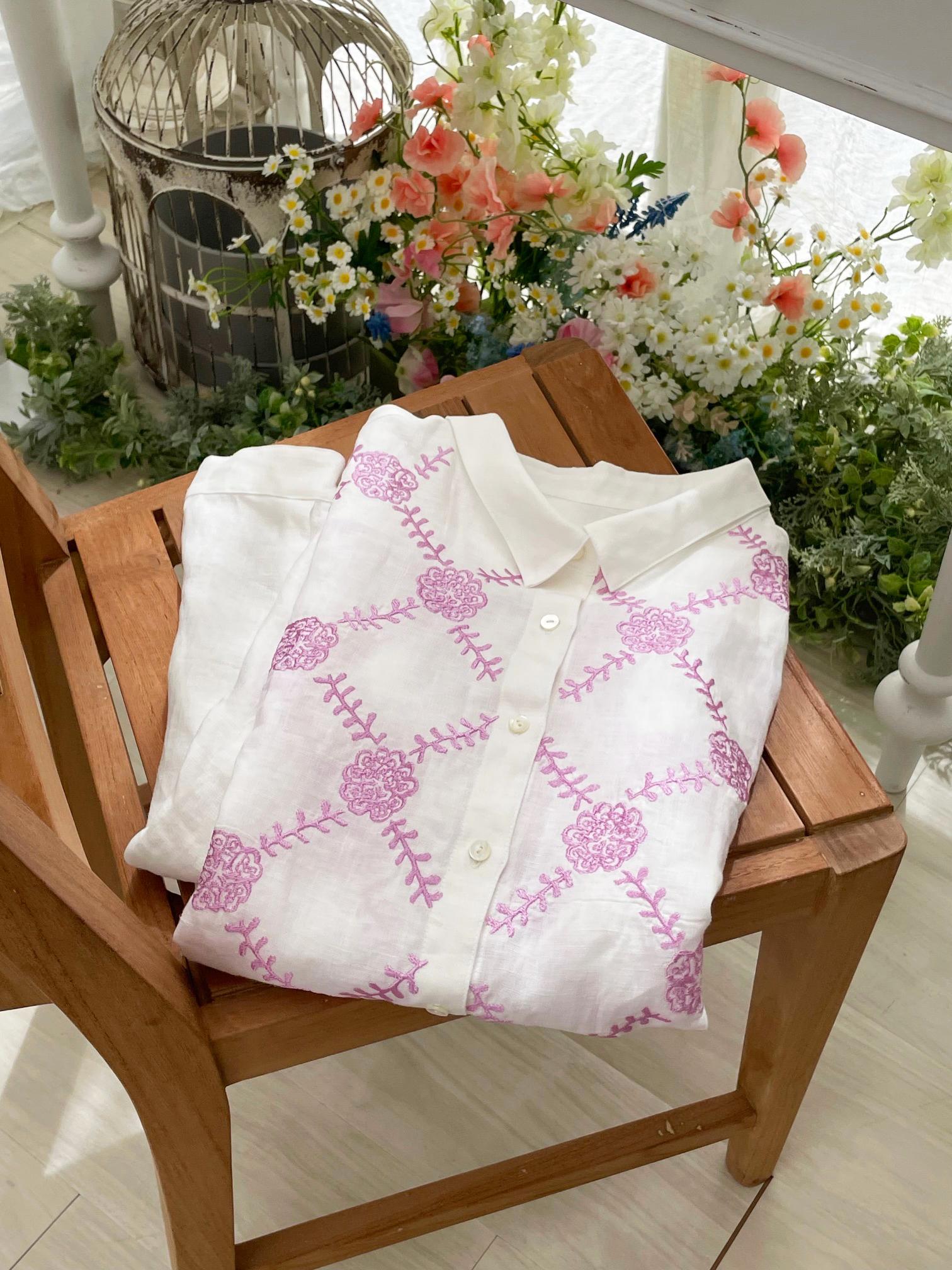 リネン 100%白　 刺繍シャツ　トウダイグサ刺繍　サイズが選べる【受注製作】　草花模様　ボタニカル | 10枚目