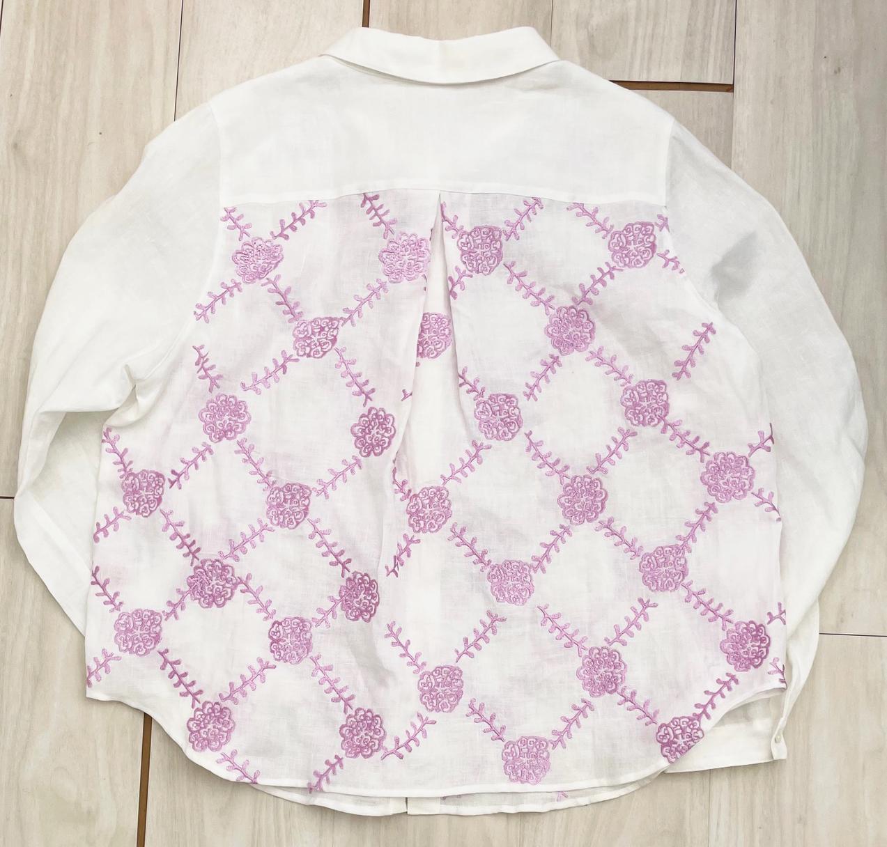 リネン 100%白　 刺繍シャツ　トウダイグサ刺繍　サイズが選べる【受注製作】　草花模様　ボタニカル | 2枚目