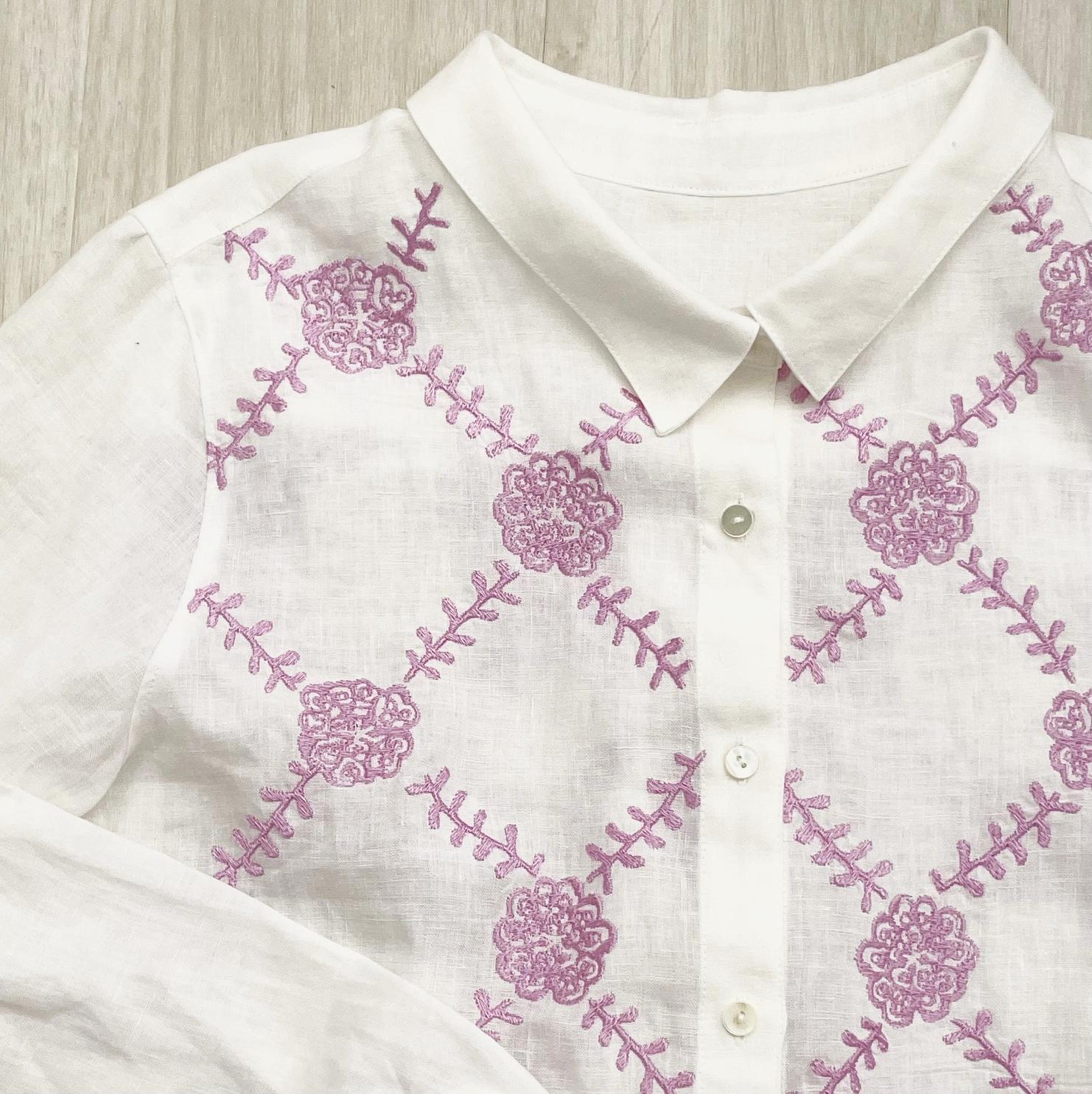 リネン 100%白　 刺繍シャツ　トウダイグサ刺繍　サイズが選べる【受注製作】　草花模様　ボタニカル | 6枚目